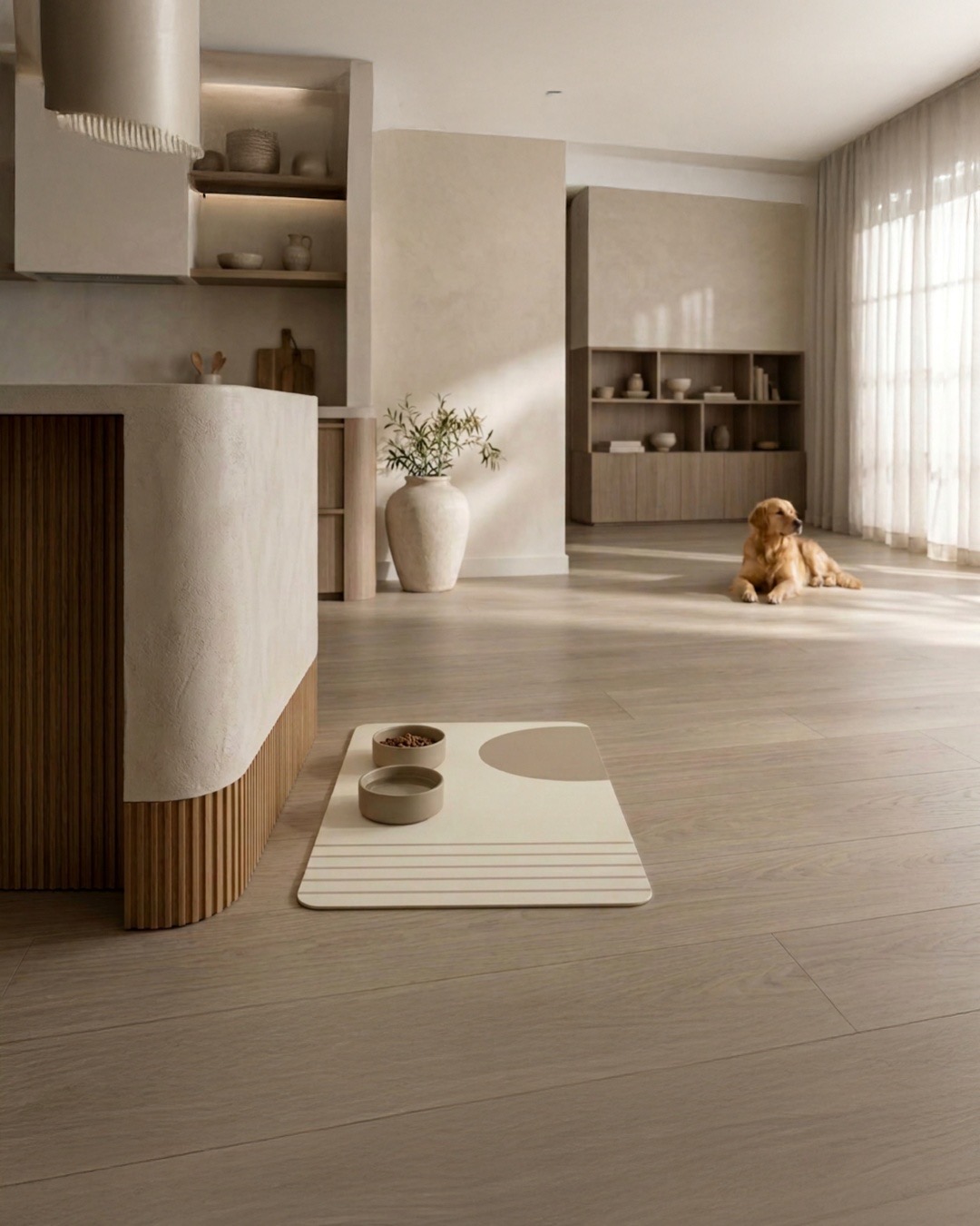 A golden retriever resting on a FORMEA modern feeding mat in a sunlit, minimalist interior
